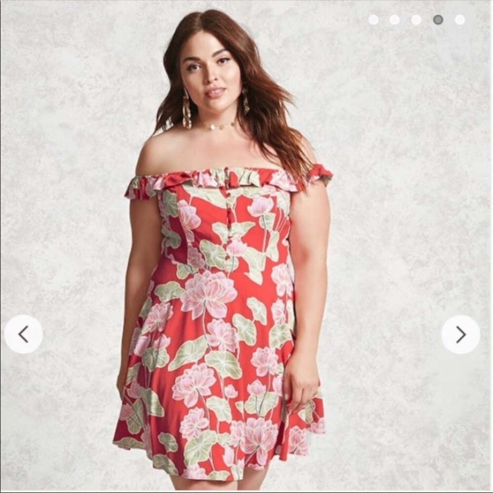 Forever 21 Plus red‎ ruffle floral mini off the shoulder dress size 0X